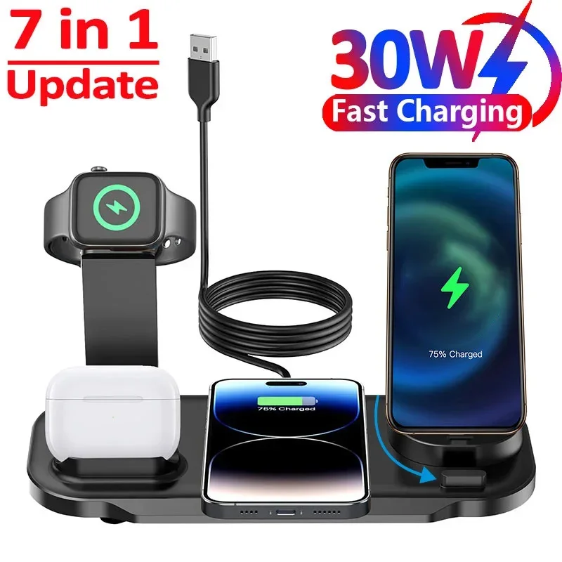 7 in 1 30W Rotate Wireless Charger Stand Pad for iPhone Samsung Xiaomi Apple Watch 8 7 6 Airpods Pro Fast Charging Dock Station