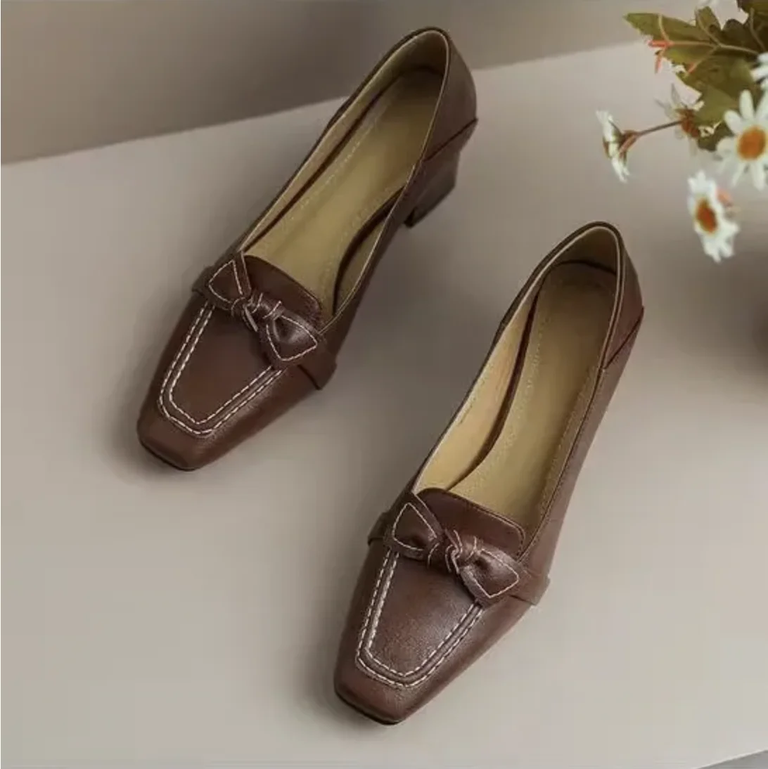 Women's Retro Bowknot High Elegant Square Toe Stiletto Chunky Slip-On Casual Party Dress Pumps Solid 5cm Spring Autumn Fashion
