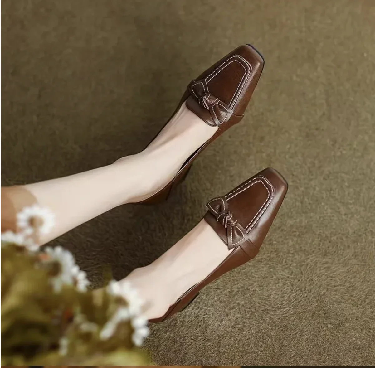 Women's Retro Bowknot High Elegant Square Toe Stiletto Chunky Slip-On Casual Party Dress Pumps Solid 5cm Spring Autumn Fashion
