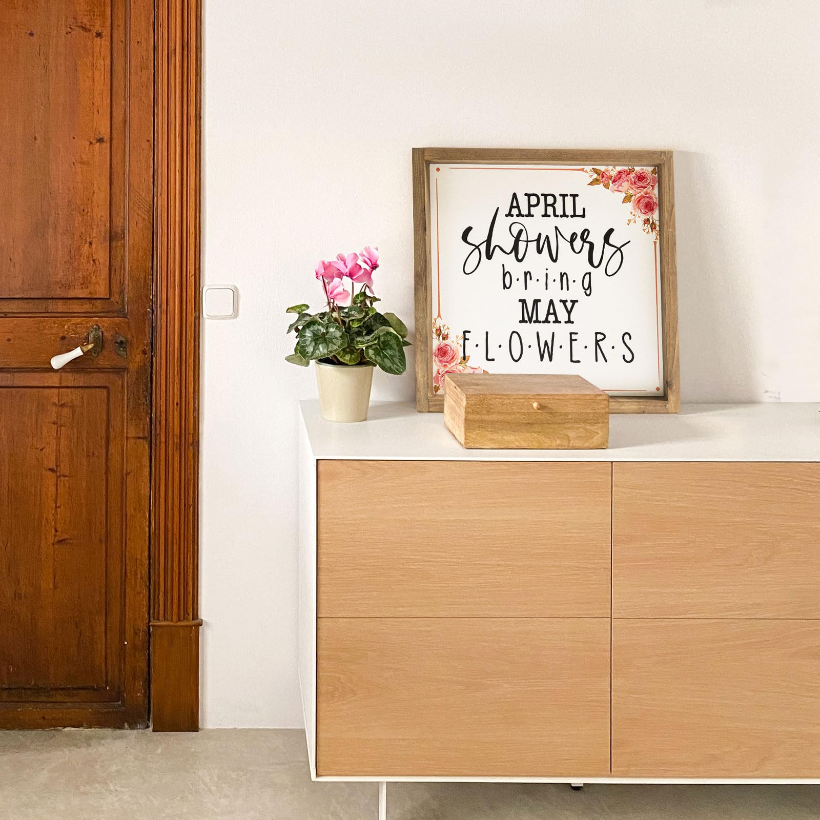 Spring Decorations For Home, 11.8 Inch Wooden April Showers Bring May Flowers Sign Decor, Indoor Wall Table Seasonal Decorative Signage