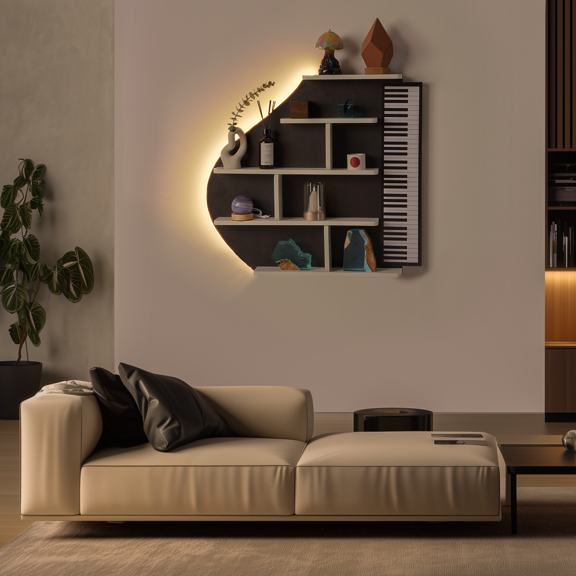 Piano Wall Shelf, Decorative Bookshelf with LED Light，for living room, bedroom, or home office