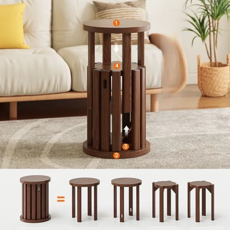 4-in-1  Solid Wood Stool Side Table,  4 Packs Walnut Stools, Space-saving coffee table for small home, bedroom, living room