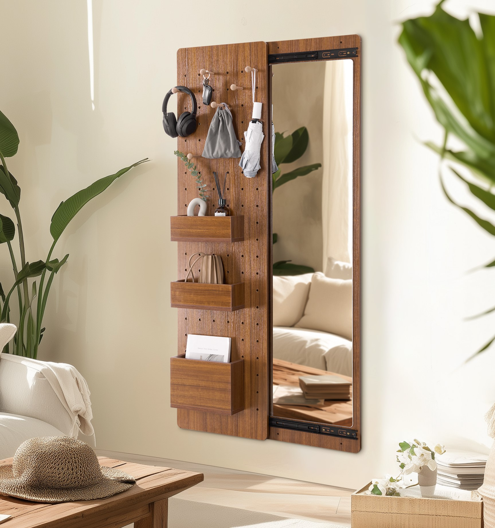 Walnut Pegboard Storage Dressing Mirror Cabinet  for bedrooms, entryways, or dressing areas.