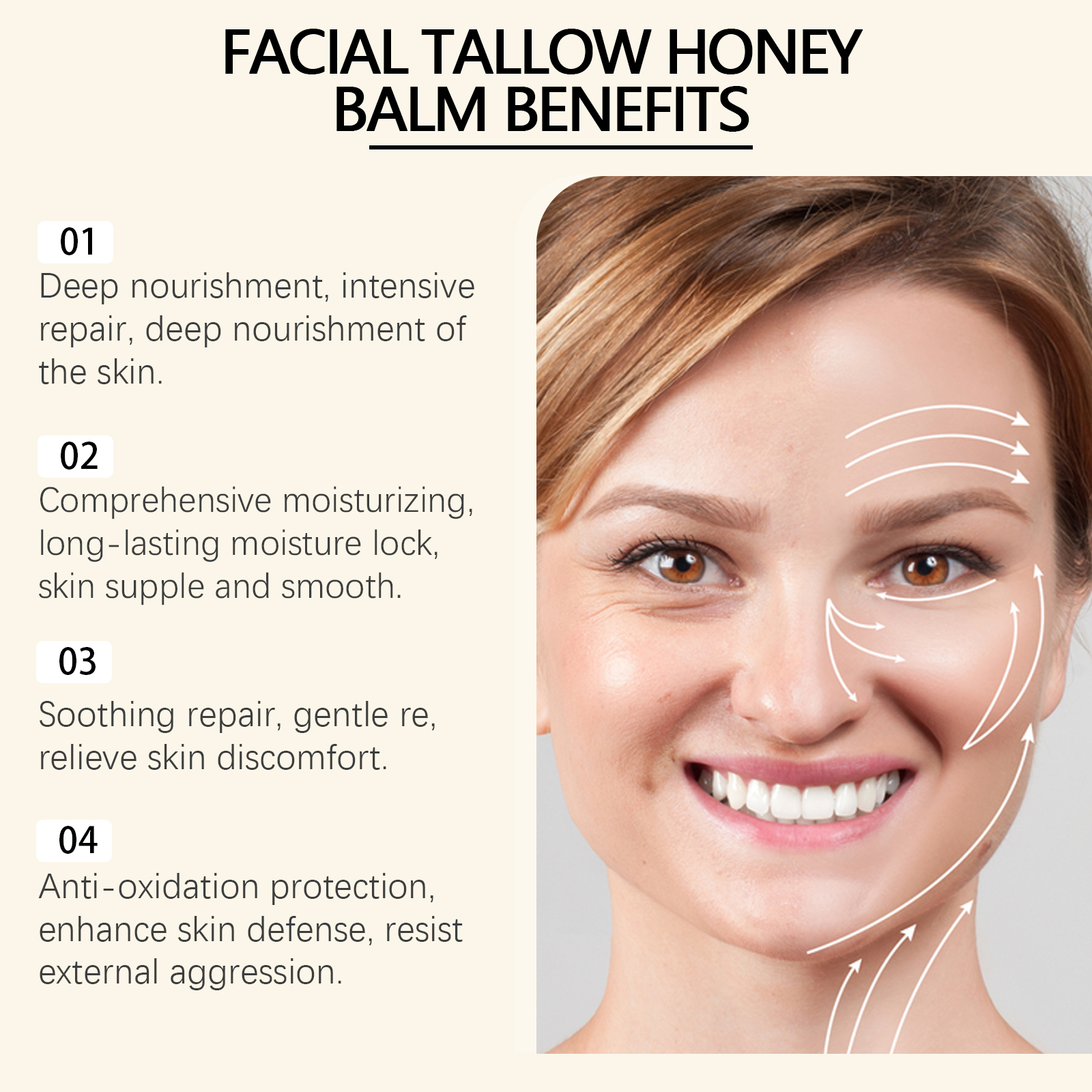 Beef Tallow and Honey Moisturizing Cream. It deeply moisturizes and hydrates the body, nourishes the skin, and maintains skin elasticity.