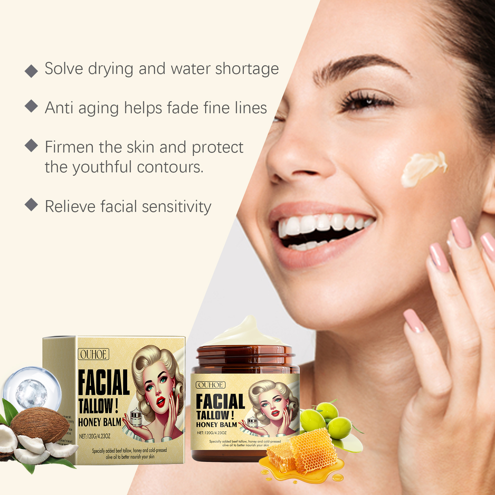 Beef Tallow and Honey Moisturizing Cream. It deeply moisturizes and hydrates the body, nourishes the skin, and maintains skin elasticity.