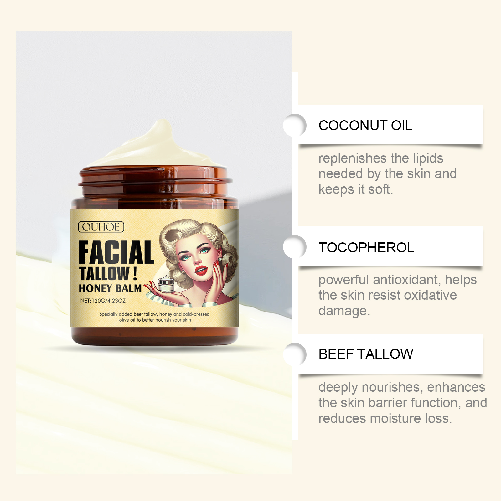 Beef Tallow and Honey Moisturizing Cream. It deeply moisturizes and hydrates the body, nourishes the skin, and maintains skin elasticity.