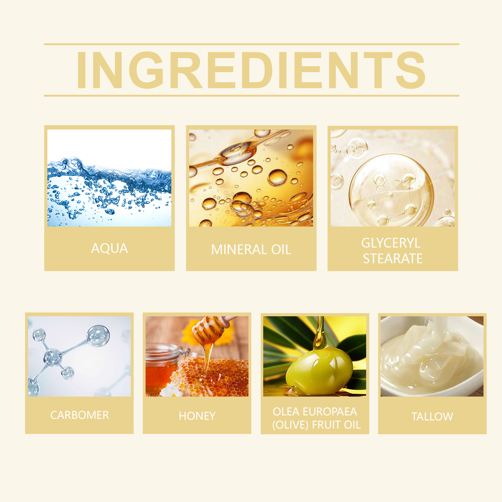 Beef Tallow and Honey Moisturizing Cream. It deeply moisturizes and hydrates the body, nourishes the skin, and maintains skin elasticity.
