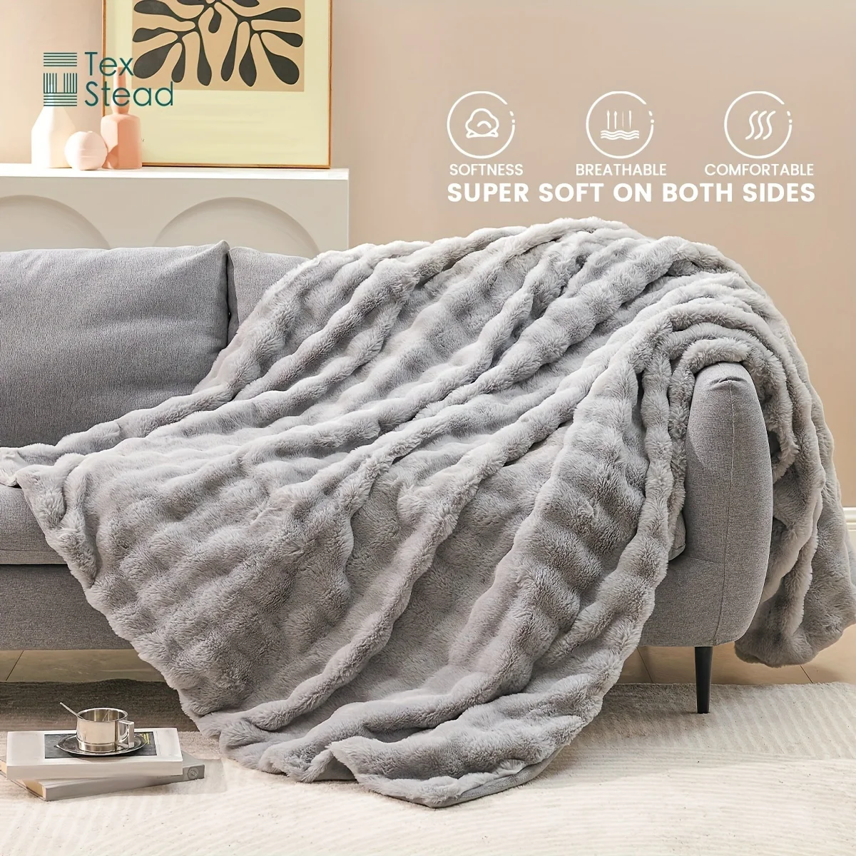1pc Luxury Lightweight Faux Rabbit Fur Throw Blanket Plush Velvet  Ruched Elegant Wrinkle-Resistant Throw Blanket for Couch