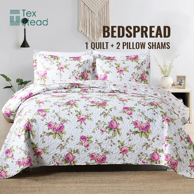 Texstead Ultra Soft Floral Coverlet Bedding Set 3-Piece Patchwork Gray Bedspreads for Hotel or Home Use
