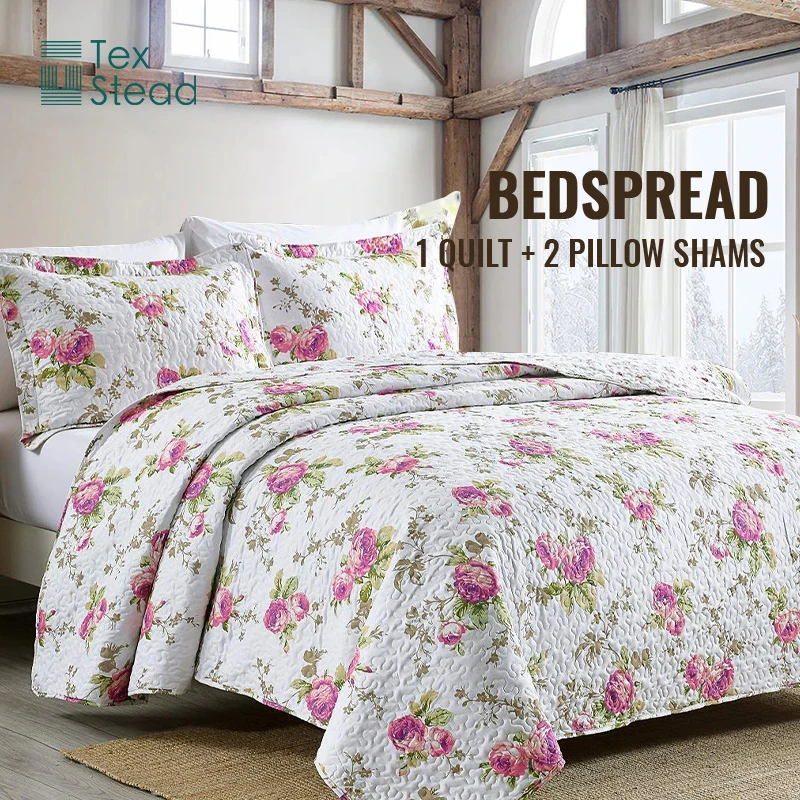 Texstead Ultra Soft Floral Coverlet Bedding Set 3-Piece Patchwork Gray Bedspreads for Hotel or Home Use