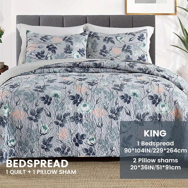 Texstead Ultra Soft Floral Coverlet Bedding Set 3-Piece Patchwork Gray Bedspreads for Hotel or Home Use