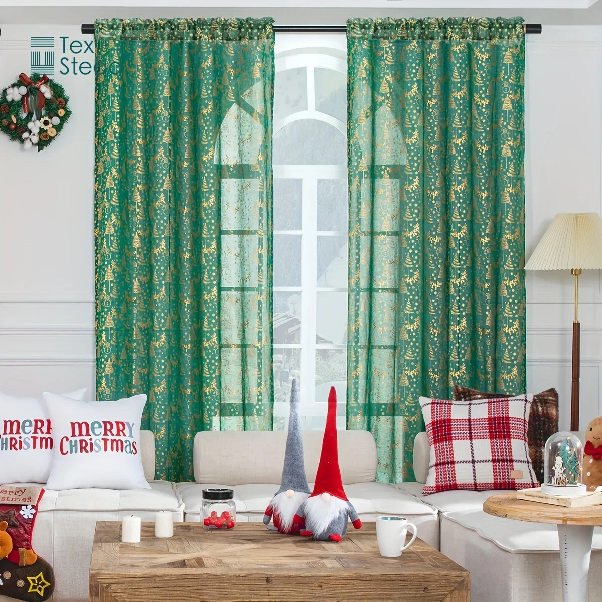 Elegant 2pcs Green Golden Floral Pattern Sheer Fairy Curtains Easy Installation Living Room Bedroom Decor Rod Pocket Design