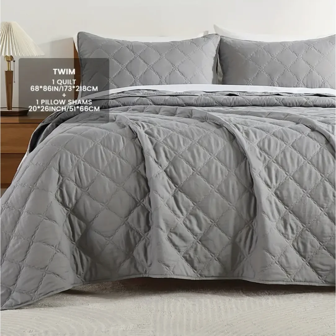 Texstead Lightweight Soft Polyester Quilt Set 2/3pcs Bedspread 2 Pillowcases Geometric Quilted Pattern Washable Home Bedroom