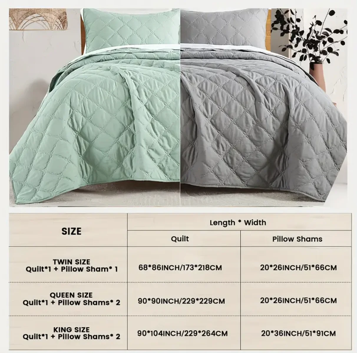 Texstead Lightweight Soft Polyester Quilt Set 2/3pcs Bedspread 2 Pillowcases Geometric Quilted Pattern Washable Home Bedroom