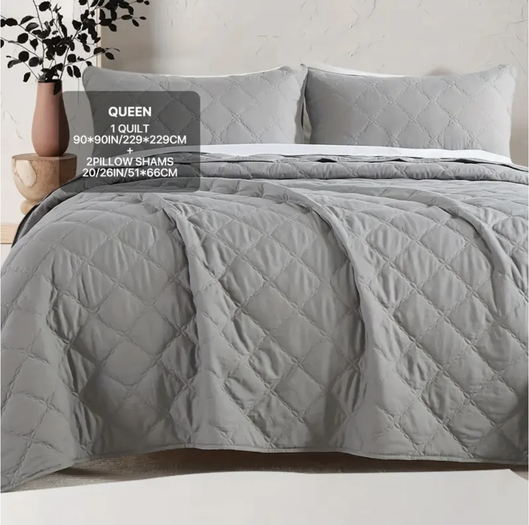 Texstead Lightweight Soft Polyester Quilt Set 2/3pcs Bedspread 2 Pillowcases Geometric Quilted Pattern Washable Home Bedroom
