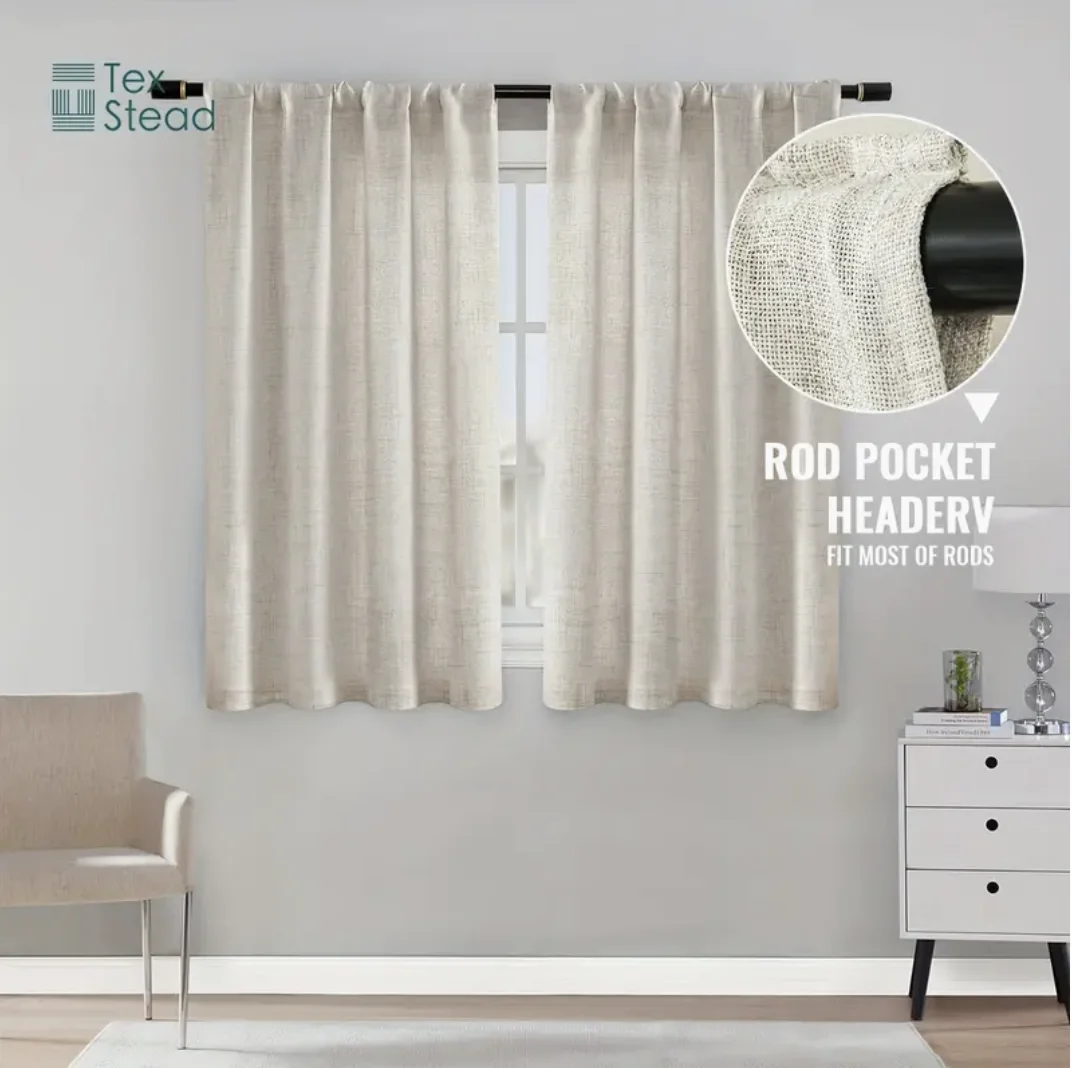 2pcs/Set Linen Textured Semi Sheer Curtain Rod Pocket Window Treatment Light Filtering Privacy Curtain Farmhouse Curtains
