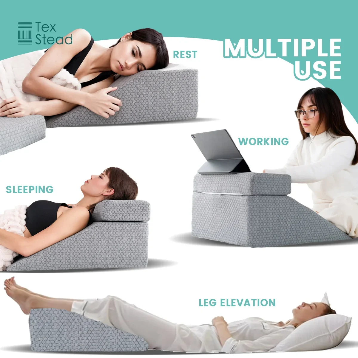 Bed Wedge & Leg Elevation Pillow, Memory Foam Reading Support for Neck, Back, Leg, Detachable Incline Cushion, Washable Cover