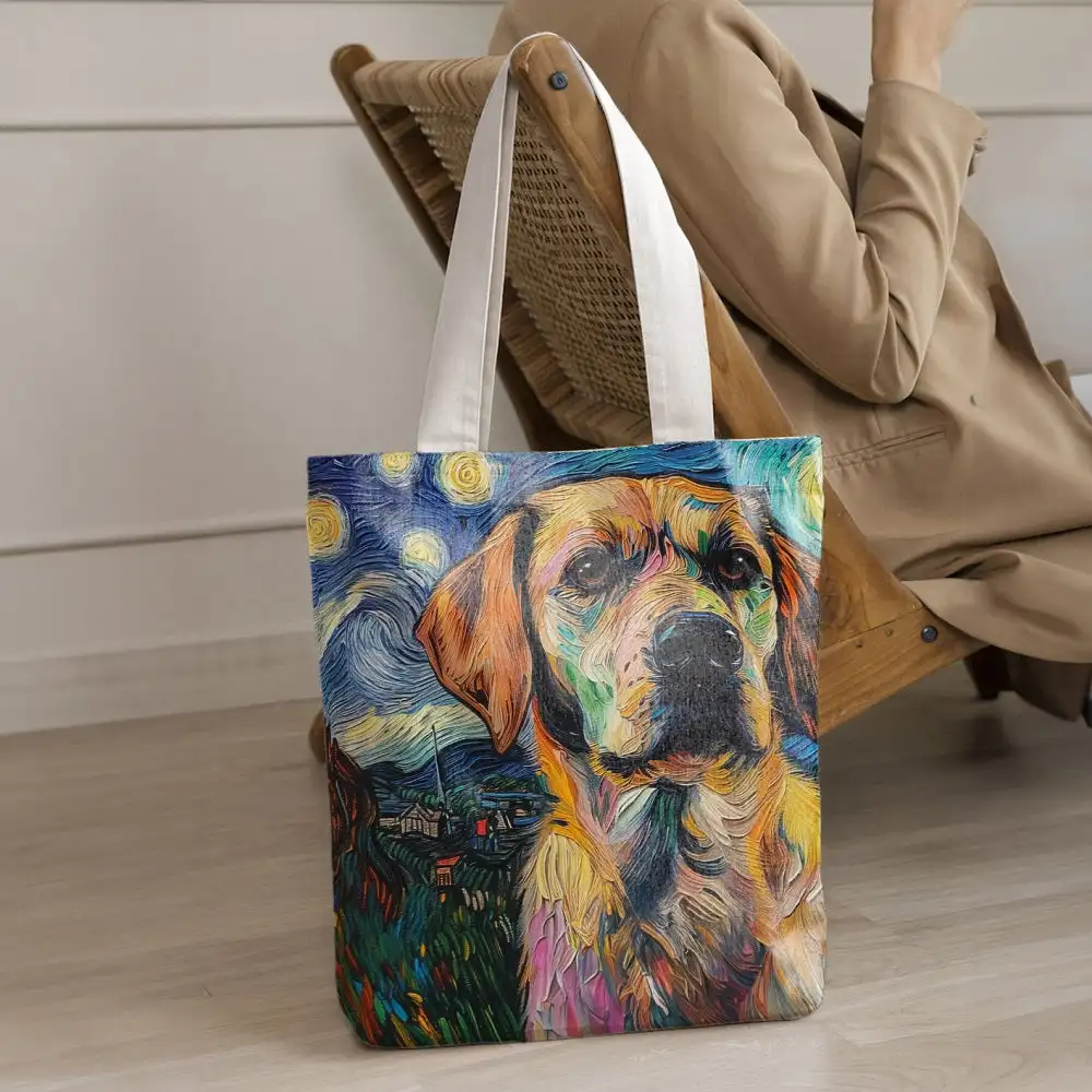 Custom VG-Starry Night Tote Bag 3D Pet Portrait Unisex Casual Ins Style Wall Art Decor Animal Print Open Closure Polyester