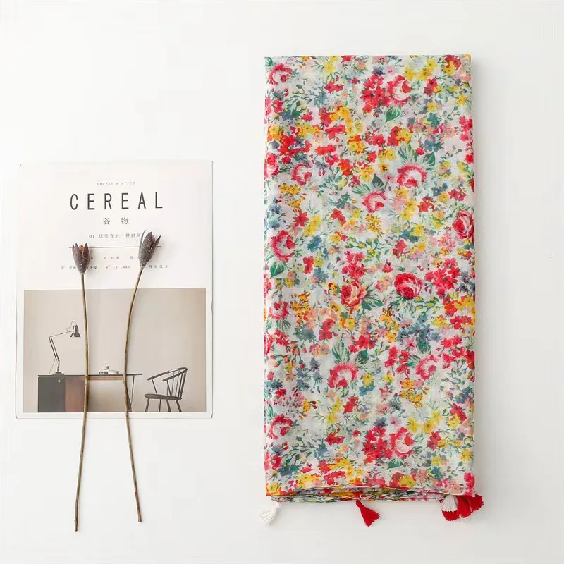Scarf Cotton Linen Feel Balinese Gauze Thin Spring and Summer Color Small Floral Fringe Fashion Fresh Shawl Woman