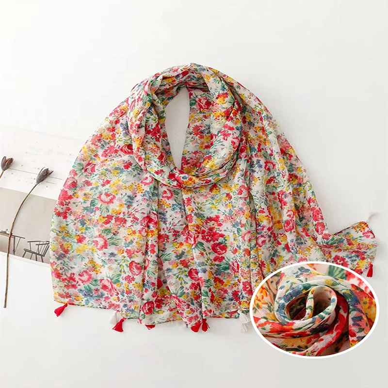 Scarf Cotton Linen Feel Balinese Gauze Thin Spring and Summer Color Small Floral Fringe Fashion Fresh Shawl Woman