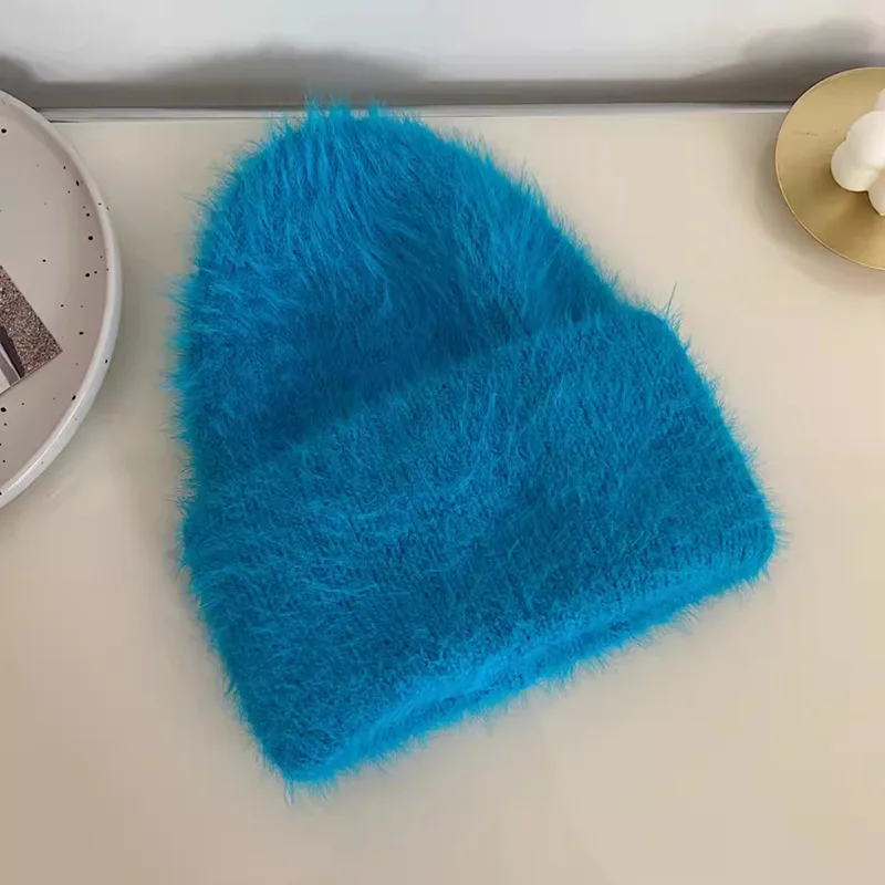 Fashion Furry Winter Hat Women Plush Cap Knitted Warm Beanie Rabbit Fur Solid Beanies Women Brimless Style Knitted Beanie Hat