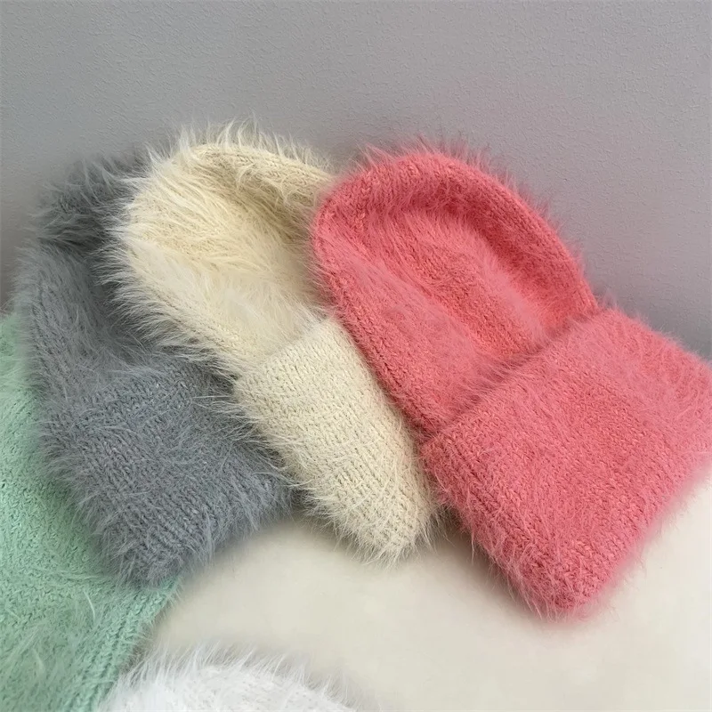 Fashion Furry Winter Hat Women Plush Cap Knitted Warm Beanie Rabbit Fur Solid Beanies Women Brimless Style Knitted Beanie Hat