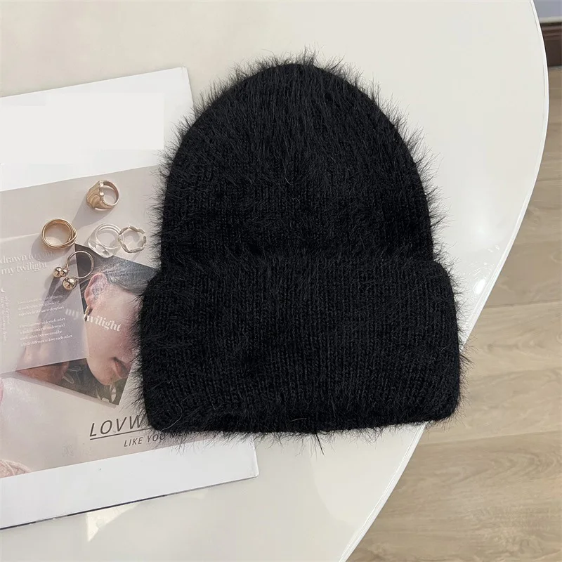 Fashion Furry Winter Hat Women Plush Cap Knitted Warm Beanie Rabbit Fur Solid Beanies Women Brimless Style Knitted Beanie Hat