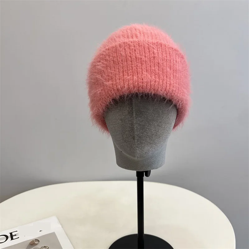 Fashion Furry Winter Hat Women Plush Cap Knitted Warm Beanie Rabbit Fur Solid Beanies Women Brimless Style Knitted Beanie Hat