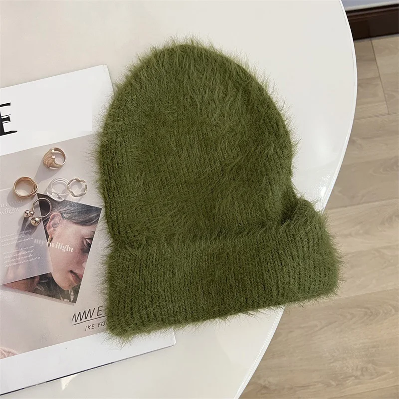 Fashion Furry Winter Hat Women Plush Cap Knitted Warm Beanie Rabbit Fur Solid Beanies Women Brimless Style Knitted Beanie Hat