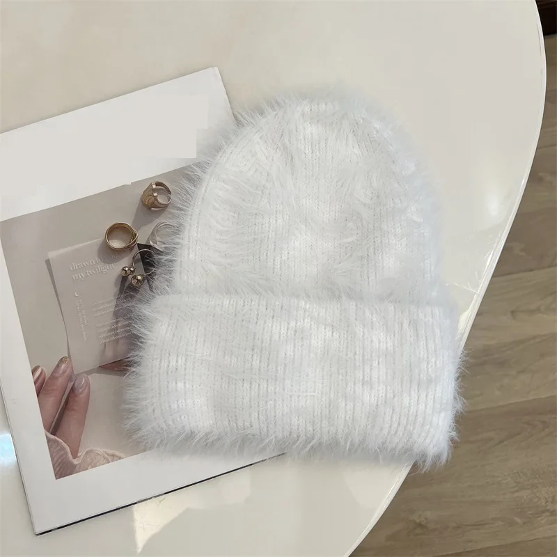 Fashion Furry Winter Hat Women Plush Cap Knitted Warm Beanie Rabbit Fur Solid Beanies Women Brimless Style Knitted Beanie Hat