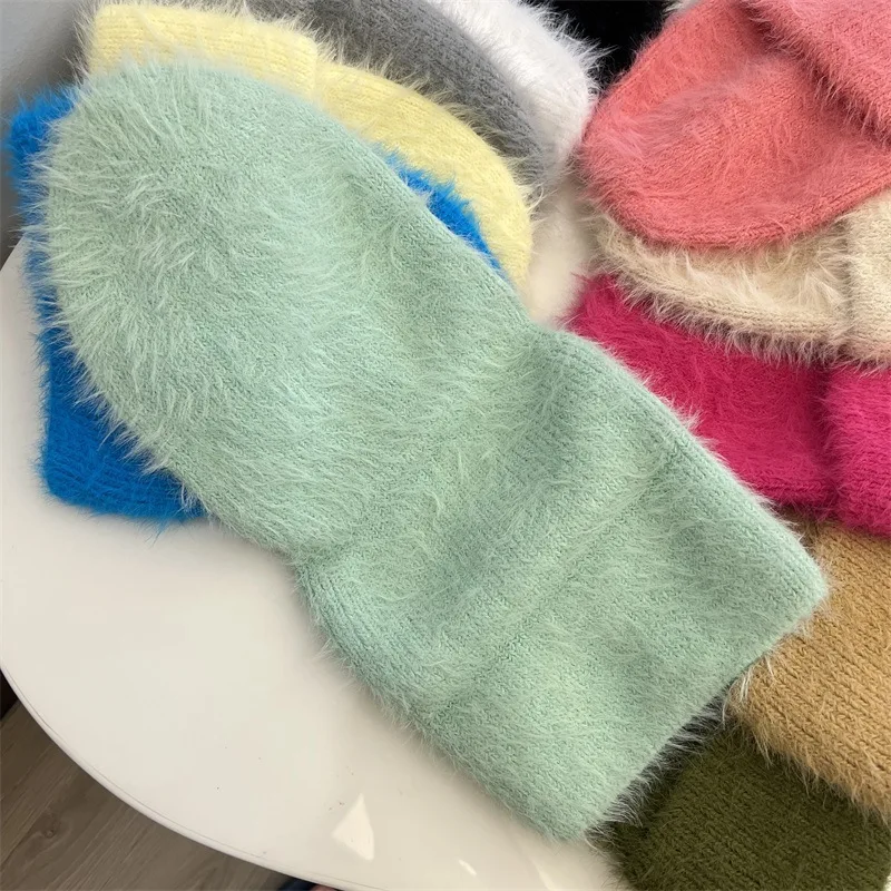 Fashion Furry Winter Hat Women Plush Cap Knitted Warm Beanie Rabbit Fur Solid Beanies Women Brimless Style Knitted Beanie Hat