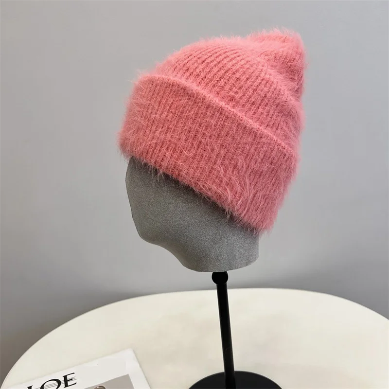 Fashion Furry Winter Hat Women Plush Cap Knitted Warm Beanie Rabbit Fur Solid Beanies Women Brimless Style Knitted Beanie Hat