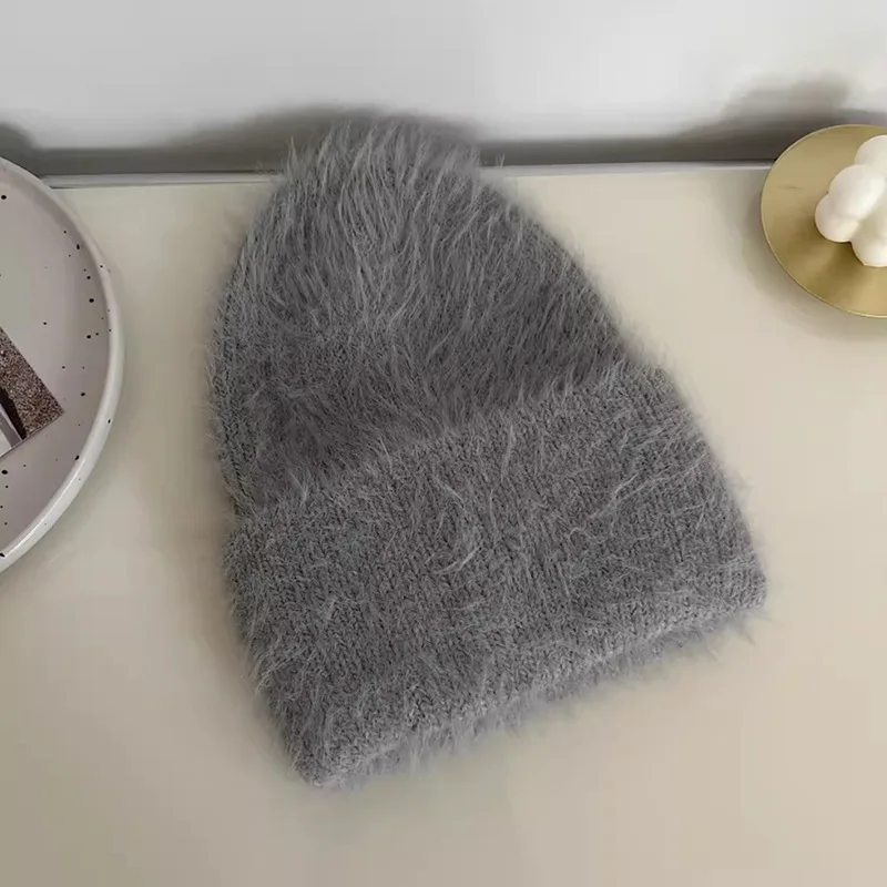 Fashion Furry Winter Hat Women Plush Cap Knitted Warm Beanie Rabbit Fur Solid Beanies Women Brimless Style Knitted Beanie Hat