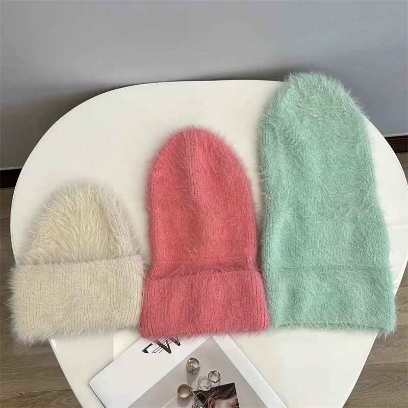 Fashion Furry Winter Hat Women Plush Cap Knitted Warm Beanie Rabbit Fur Solid Beanies Women Brimless Style Knitted Beanie Hat
