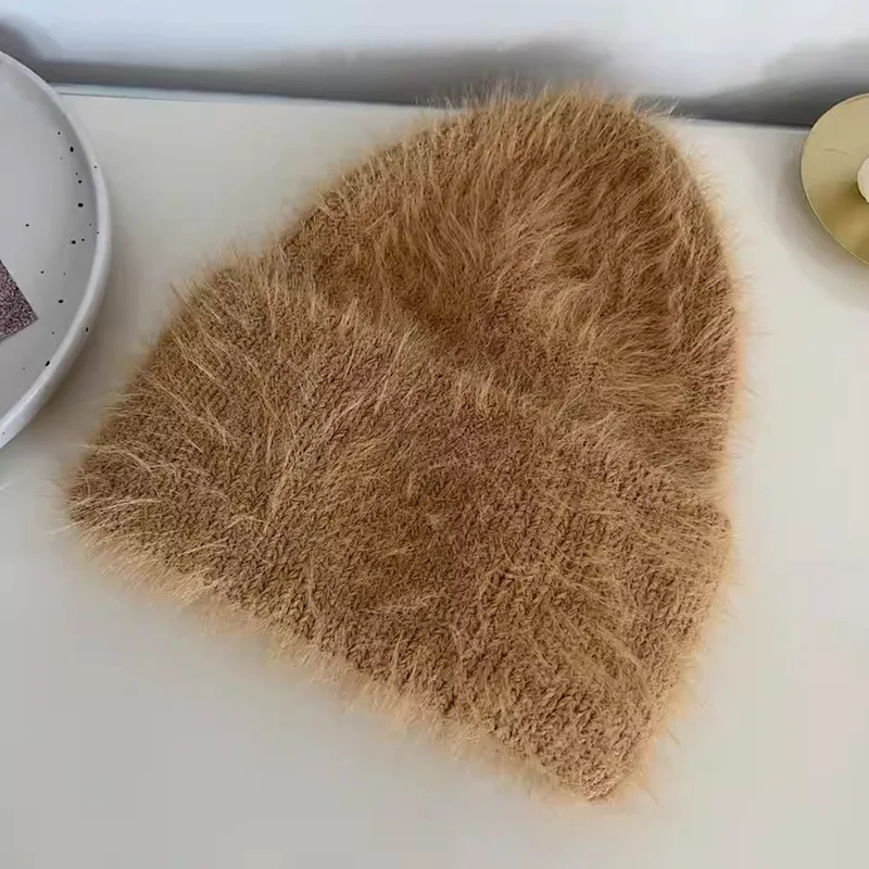 Fashion Furry Winter Hat Women Plush Cap Knitted Warm Beanie Rabbit Fur Solid Beanies Women Brimless Style Knitted Beanie Hat