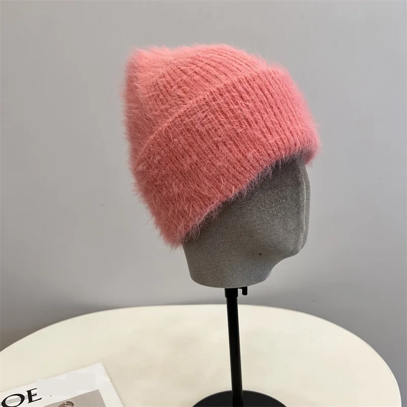 Fashion Furry Winter Hat Women Plush Cap Knitted Warm Beanie Rabbit Fur Solid Beanies Women Brimless Style Knitted Beanie Hat