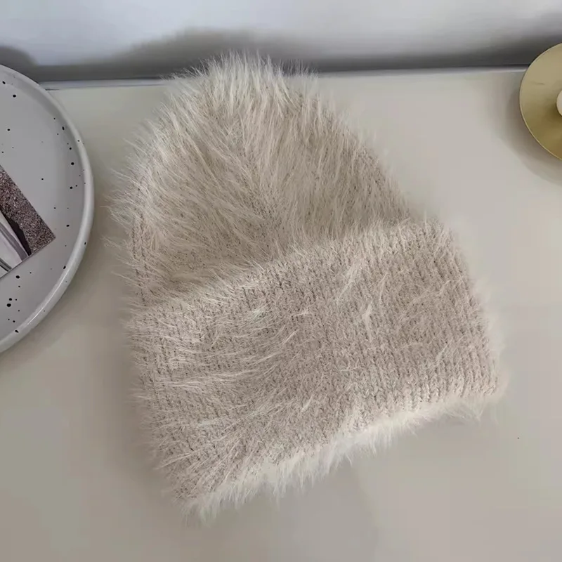 Fashion Furry Winter Hat Women Plush Cap Knitted Warm Beanie Rabbit Fur Solid Beanies Women Brimless Style Knitted Beanie Hat