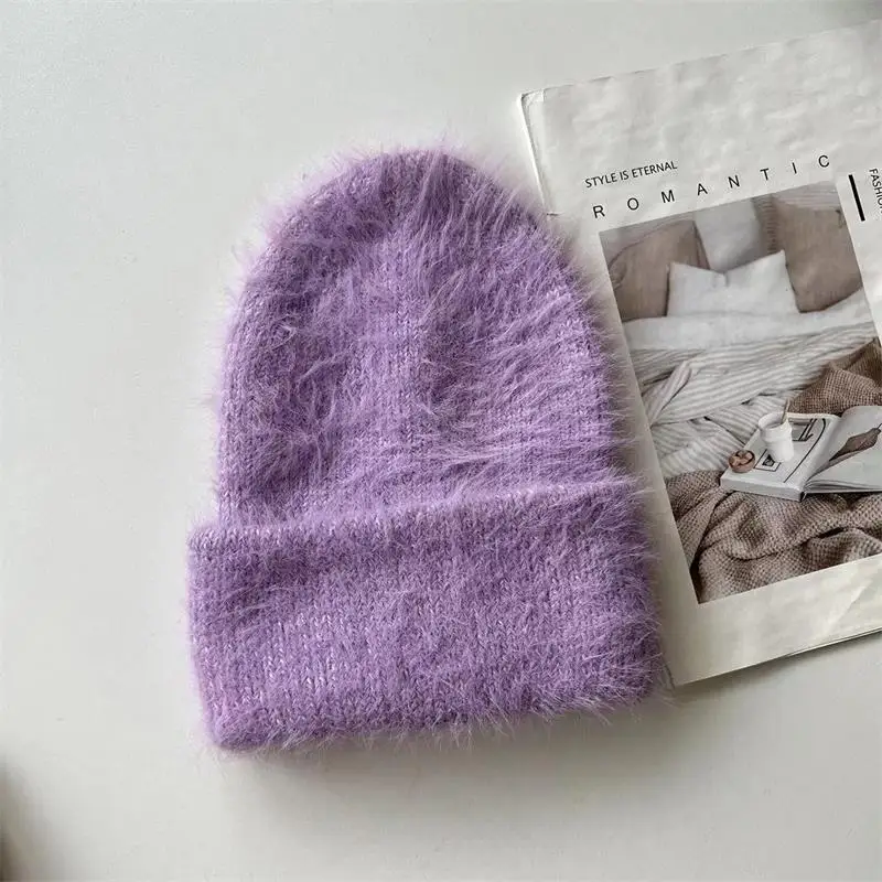 Fashion Furry Winter Hat Women Plush Cap Knitted Warm Beanie Rabbit Fur Solid Beanies Women Brimless Style Knitted Beanie Hat