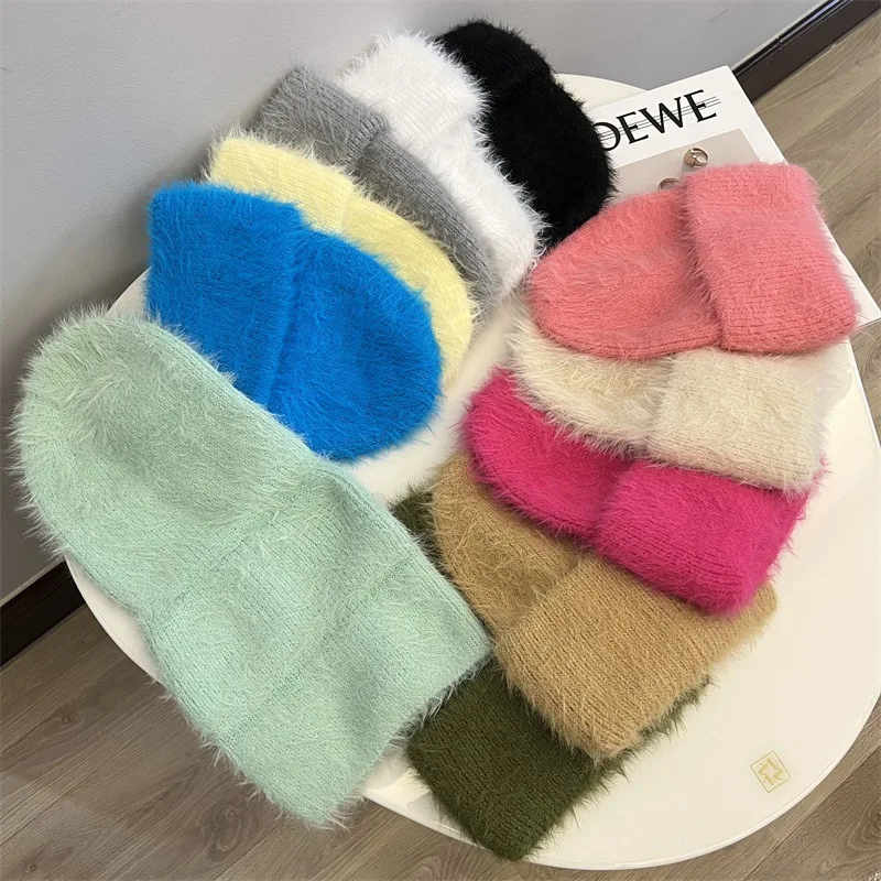 Fashion Furry Winter Hat Women Plush Cap Knitted Warm Beanie Rabbit Fur Solid Beanies Women Brimless Style Knitted Beanie Hat