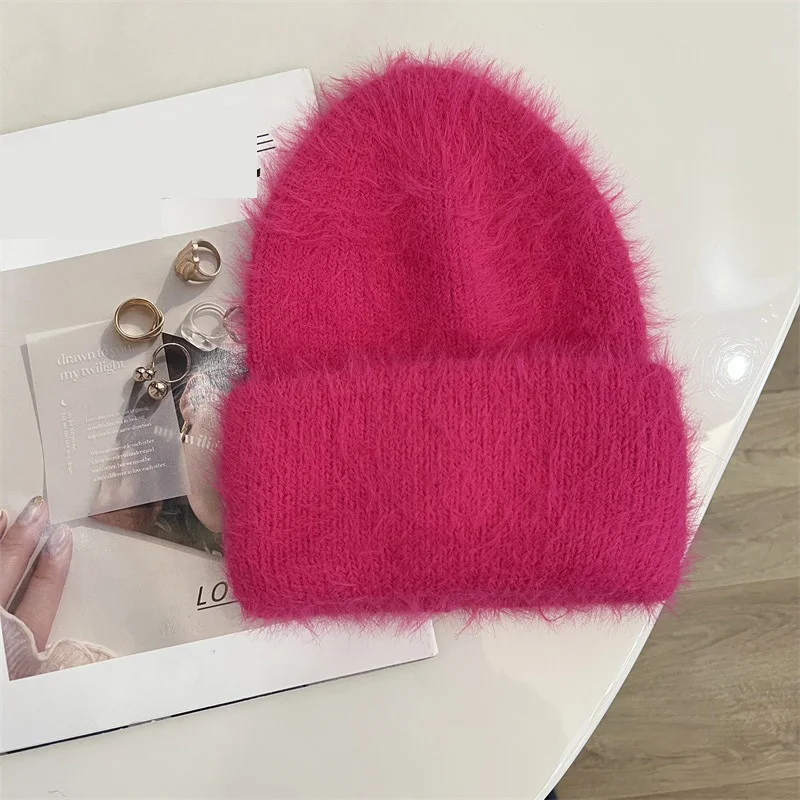 Fashion Furry Winter Hat Women Plush Cap Knitted Warm Beanie Rabbit Fur Solid Beanies Women Brimless Style Knitted Beanie Hat