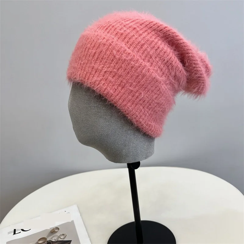 Fashion Furry Winter Hat Women Plush Cap Knitted Warm Beanie Rabbit Fur Solid Beanies Women Brimless Style Knitted Beanie Hat