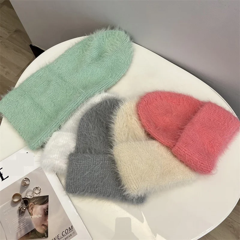 Fashion Furry Winter Hat Women Plush Cap Knitted Warm Beanie Rabbit Fur Solid Beanies Women Brimless Style Knitted Beanie Hat