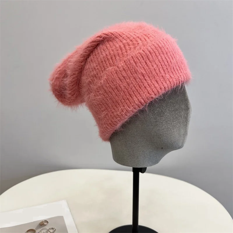 Fashion Furry Winter Hat Women Plush Cap Knitted Warm Beanie Rabbit Fur Solid Beanies Women Brimless Style Knitted Beanie Hat