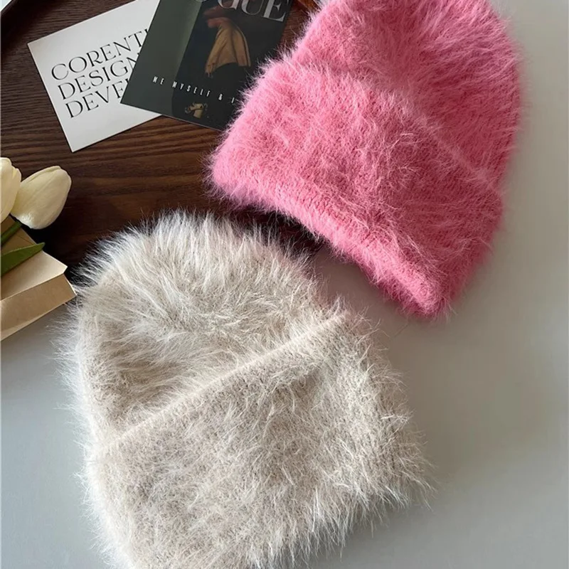 Fashion Furry Winter Hat Women Plush Cap Knitted Warm Beanie Rabbit Fur Solid Beanies Women Brimless Style Knitted Beanie Hat