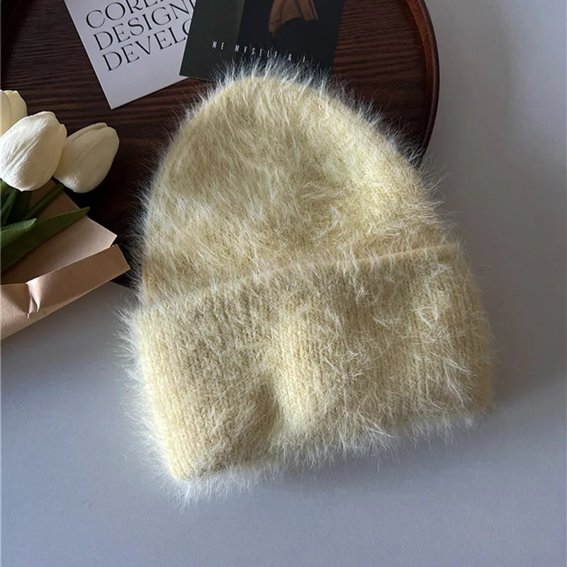 Fashion Furry Winter Hat Women Plush Cap Knitted Warm Beanie Rabbit Fur Solid Beanies Women Brimless Style Knitted Beanie Hat