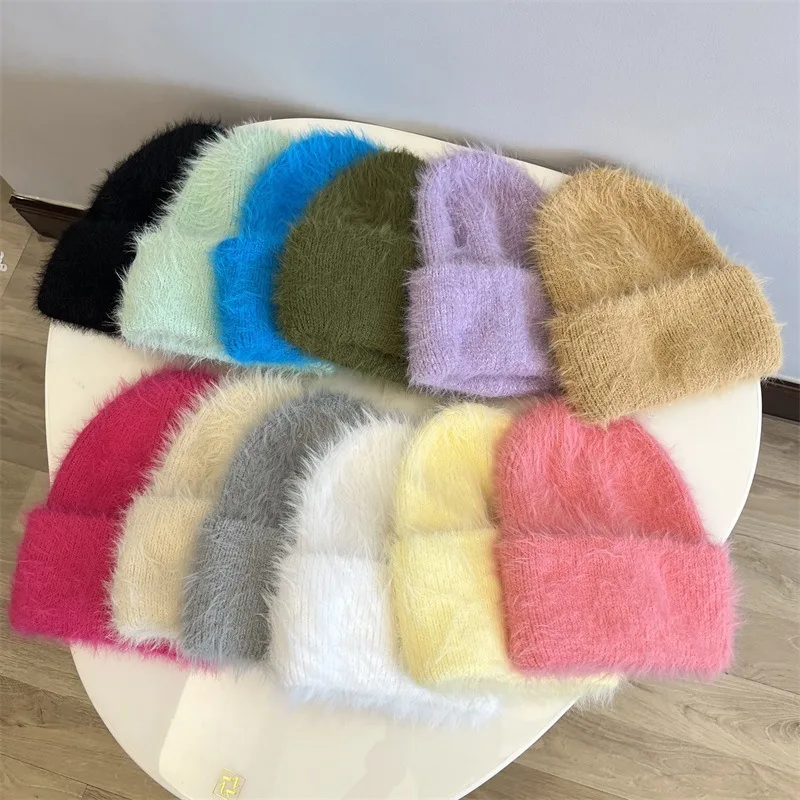 Fashion Furry Winter Hat Women Plush Cap Knitted Warm Beanie Rabbit Fur Solid Beanies Women Brimless Style Knitted Beanie Hat