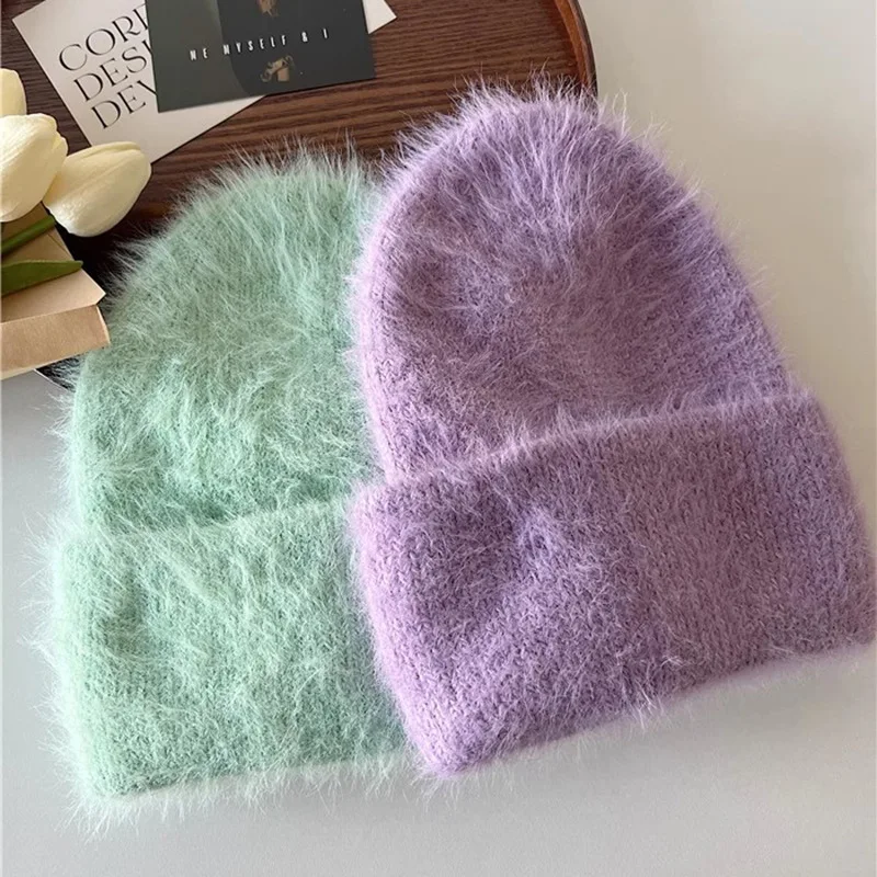 Fashion Furry Winter Hat Women Plush Cap Knitted Warm Beanie Rabbit Fur Solid Beanies Women Brimless Style Knitted Beanie Hat