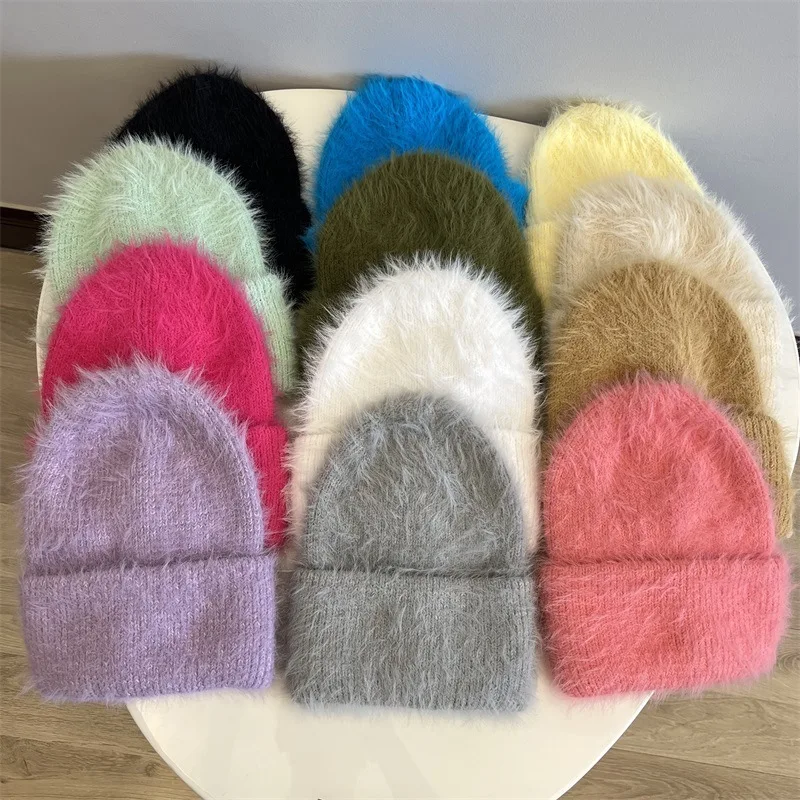Fashion Furry Winter Hat Women Plush Cap Knitted Warm Beanie Rabbit Fur Solid Beanies Women Brimless Style Knitted Beanie Hat