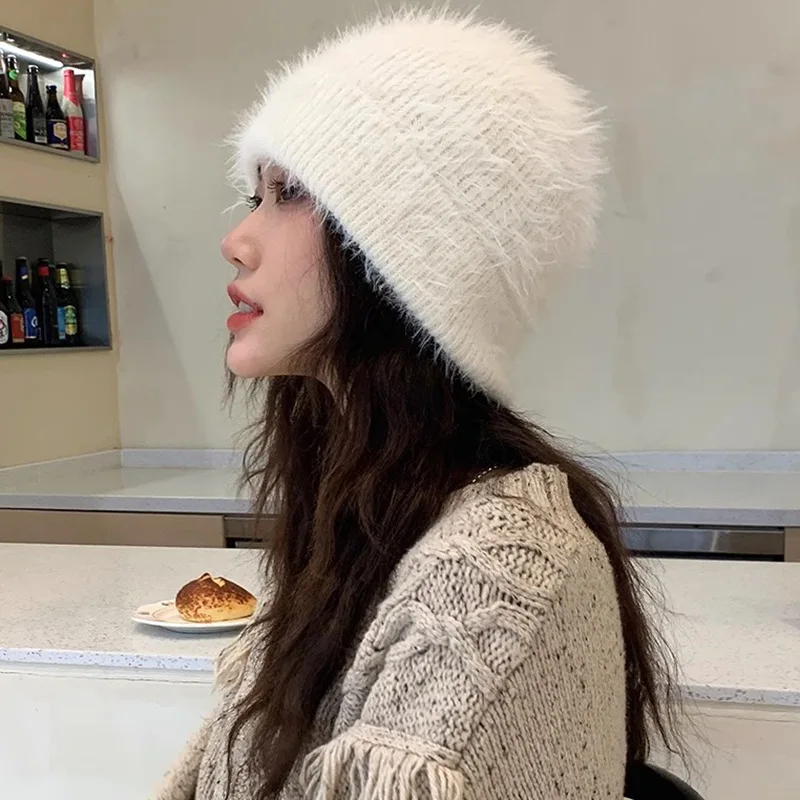 Fashion Furry Winter Hat Women Plush Cap Knitted Warm Beanie Rabbit Fur Solid Beanies Women Brimless Style Knitted Beanie Hat