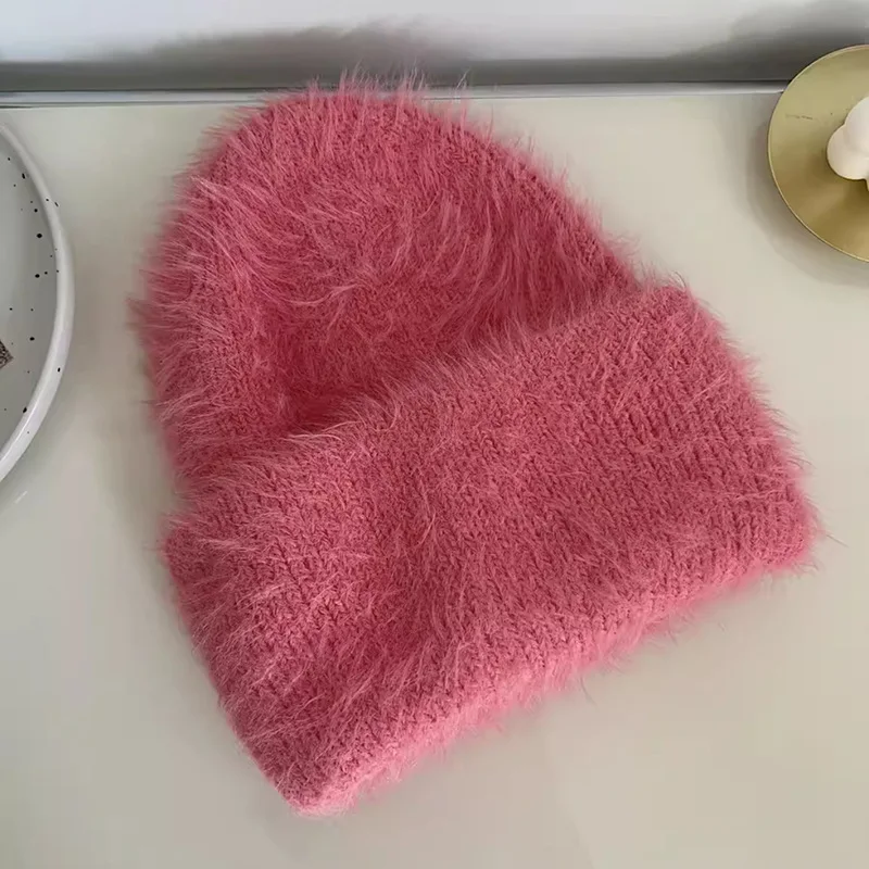 Fashion Furry Winter Hat Women Plush Cap Knitted Warm Beanie Rabbit Fur Solid Beanies Women Brimless Style Knitted Beanie Hat